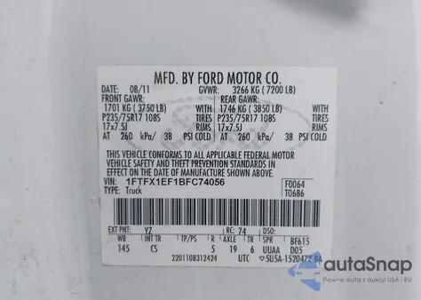 2011 Ford F-150 Xl из США, поврежденный, VIN 1FTFX1EF1BFC74056